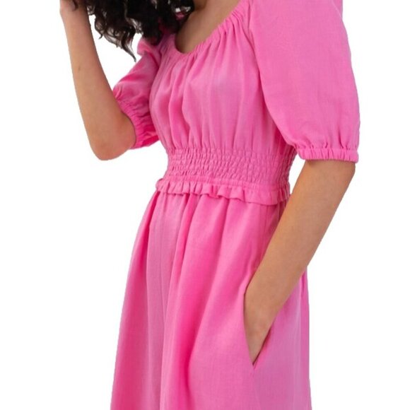 Aligne Women US4 Fuscha Pink Frederika Dress Smocked Puff Sleeve Pckt Linen Maxi - Picture 4 of 15